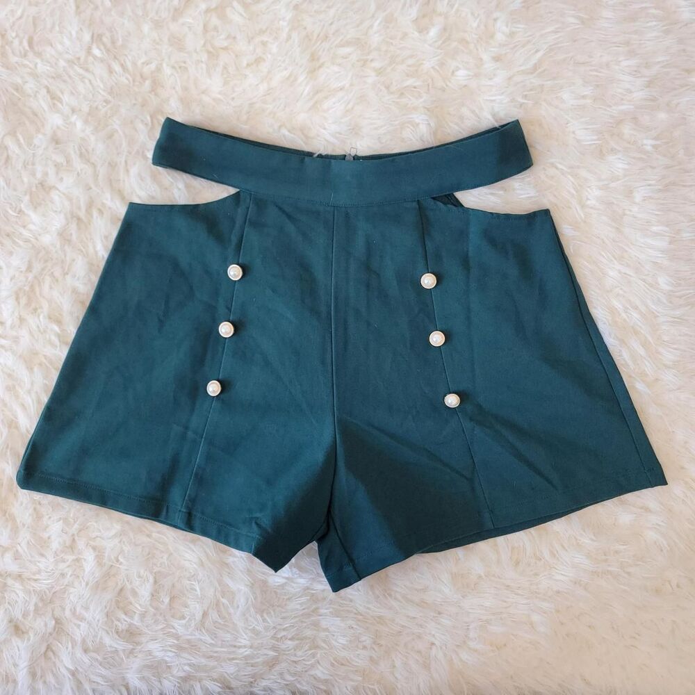 High Waisted Teal Shorts Button Detail Elastic Waist Boho
